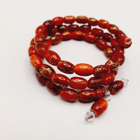 Vintage Asian Bead Memory Wire Bracelet Red Glass Gold Accents Handmade Jewelry - Picture 6 of 10